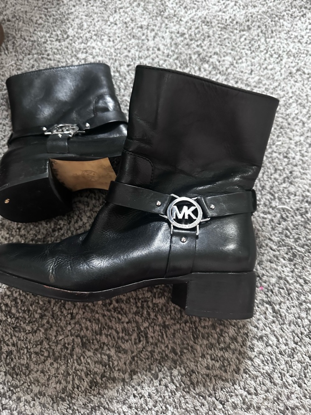 Michael Kors Black Leather Ankle Booties with MK Emblem Strap